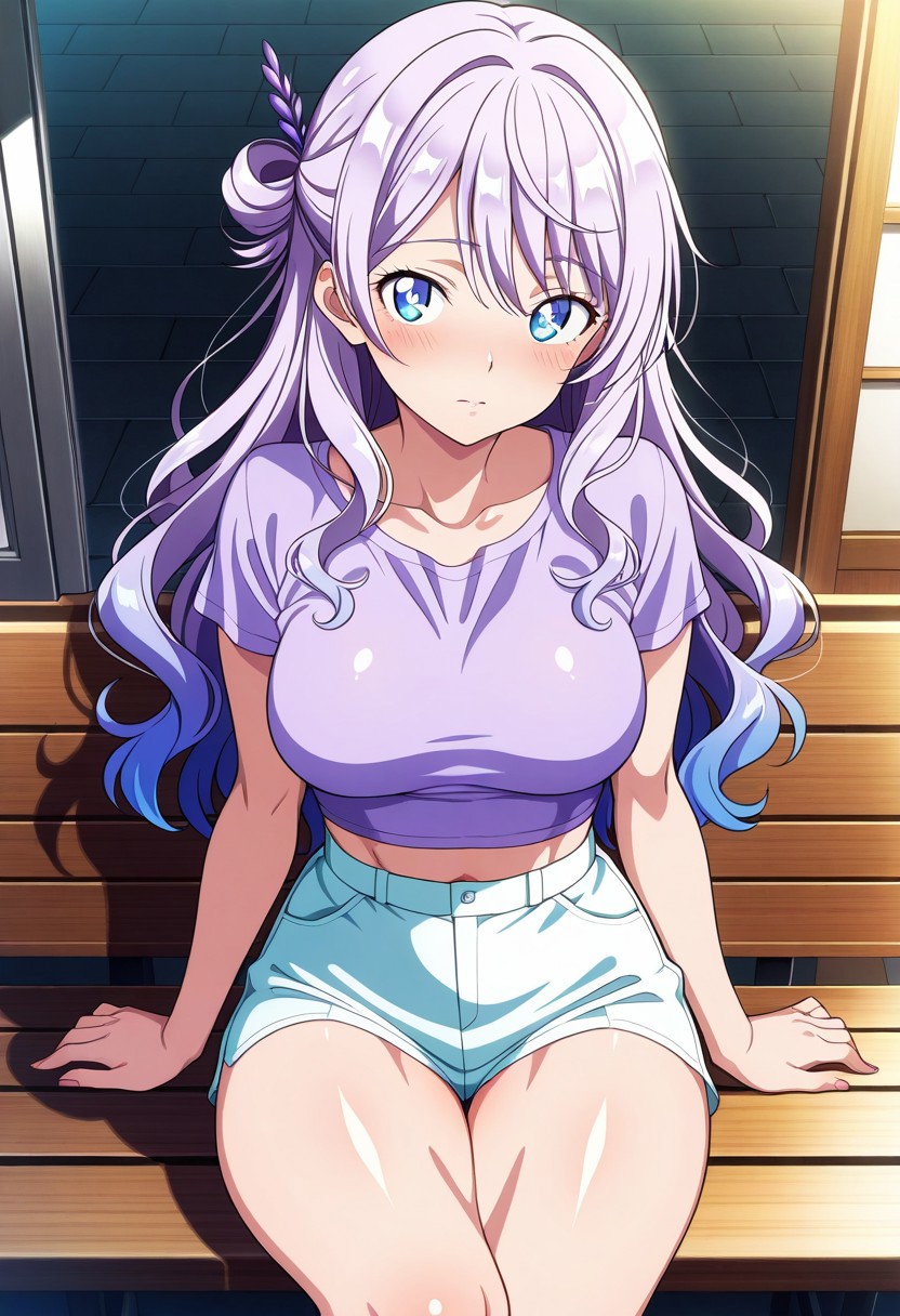 modern anime style, detailed, vivid colors, fanservice, hot, 22 years old female, waist-length long lavender wavy hair it's end purplish, bright eyes, 165cm height, beautiful shiny face, amazing stunningly beautiful, graceful sporty, athletic and feminine frame, long legs, soft thighs, medium large bust size, subtly toned stomachteasing, lavender crop top, lavender shirts, bright velvety skin, half-sided hairpin, caring, silly, innocent, closed up