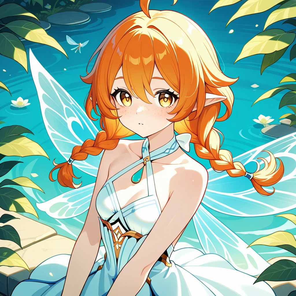 a fairy in the style of genshin impact, long orange twin braids, freckles, yellow eyes, four transparent dragonfly wings, pointed ears, small breasts, short pastel yellow halter neck dress