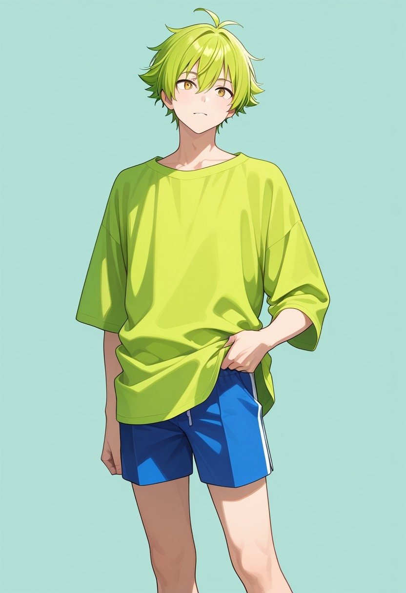 1boy, lime green shirt, blue shorts, from front, simple background