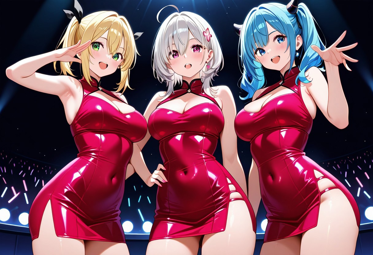 A group of 3 girls singing on stage. They are wearing a very simple bodycon dress. It's sleeveless. it's on tightly around their waist and thighs. boobs are also showing. They are all doing the same pose. They have their left arm resting on their own waist, and they have their right arm reaching out to the audience. The 3 girls are standing in a row next to eachother. They have their backs faced against their belly and are looking to the left