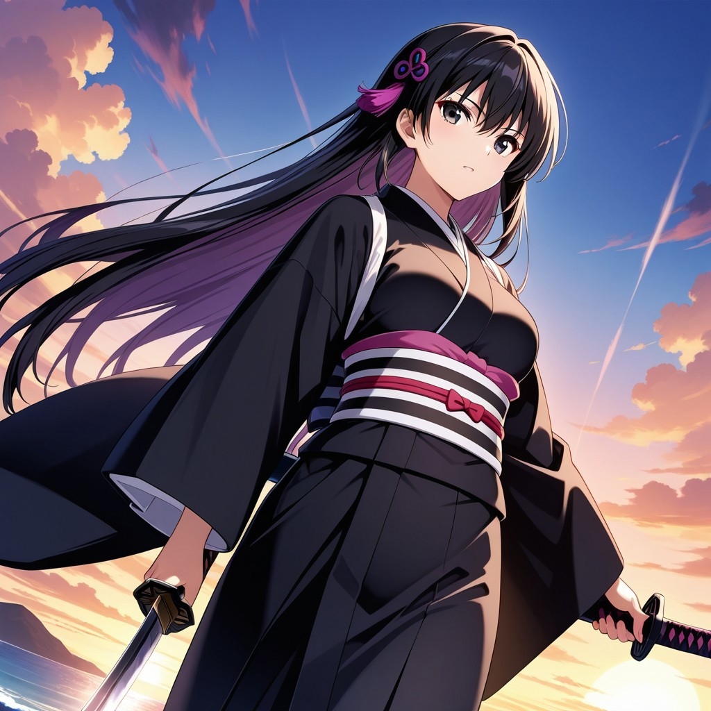 anime girl, black raven beatiful silky hair, black eye color deep and calm as sea, best quality image. wearing a black classic kimono. holding a katana graciously.