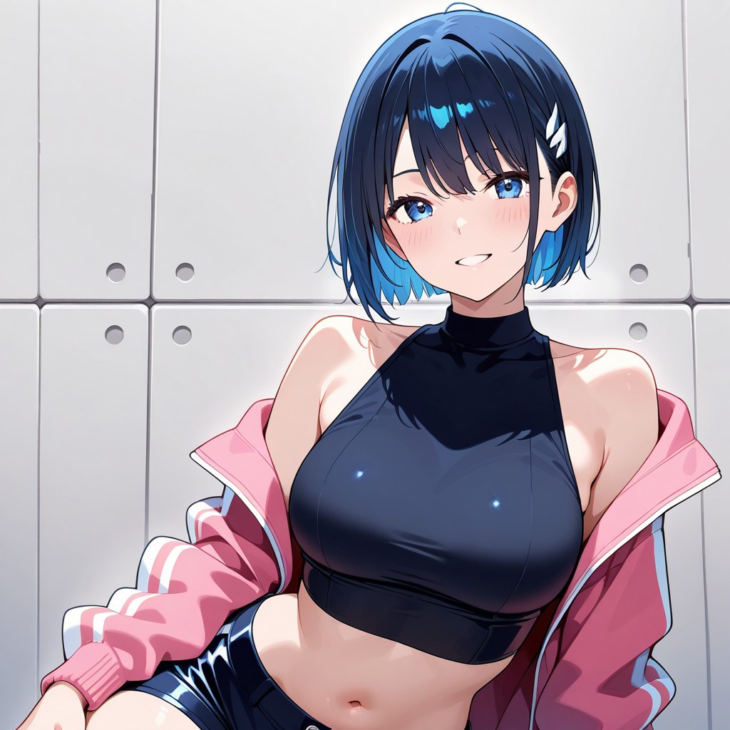 Hot girl with short shorts and a crop top with a jacket with revealed shoulder and is bending over with a horny face putting her hand in the middle of her shorts
