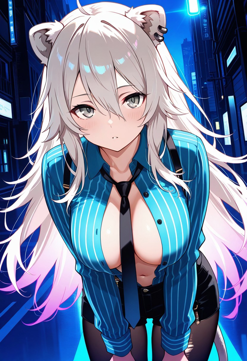 cowboy shot, see-through cropped shirt, tie, pinstripe pattern, shirt, navel, suspenders, collared shirt, open shirt,leaning forward, , shishiro botan, score_9, score_8_up, score_7_up ,748cmstyle,intensely saturated lighting effects, luminous reflections, HDR-like contrast, vibrant color palette,glowing lights, vibrant reflections, surreal lighting, HDR effect, cinematic vividness
