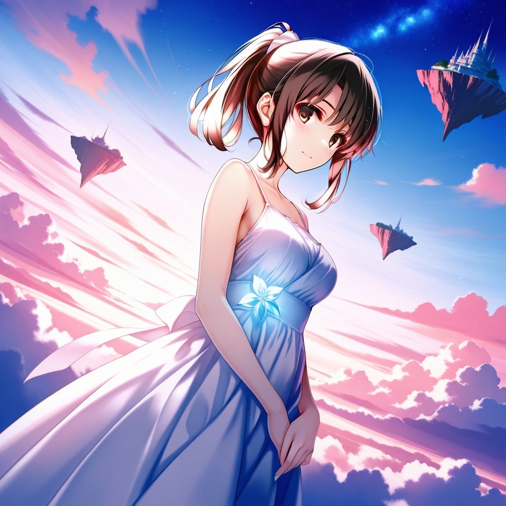 safe_pos, 1girl, misaki kurehito, Megumi,brown hair,katou megumi,brown eyes,medium breasts,ponytail, short hair, dreamscape theme, floating island, surreal sky, wearing a soft, flowing white gown ,silver accents that shimmer like stardust, glowing orbs ,stars scattered in the sky, soft smile, the ground beneath her covered in delicate flowers, pastel tones and soft lighting, a dreamy and otherworldly atmosphere, soft clouds in the background, peaceful and serene vibe, wide-angle shot, magical, infinite perspective, masterpiece,best quality,high quality,good quality,newest,((detailed eyes))