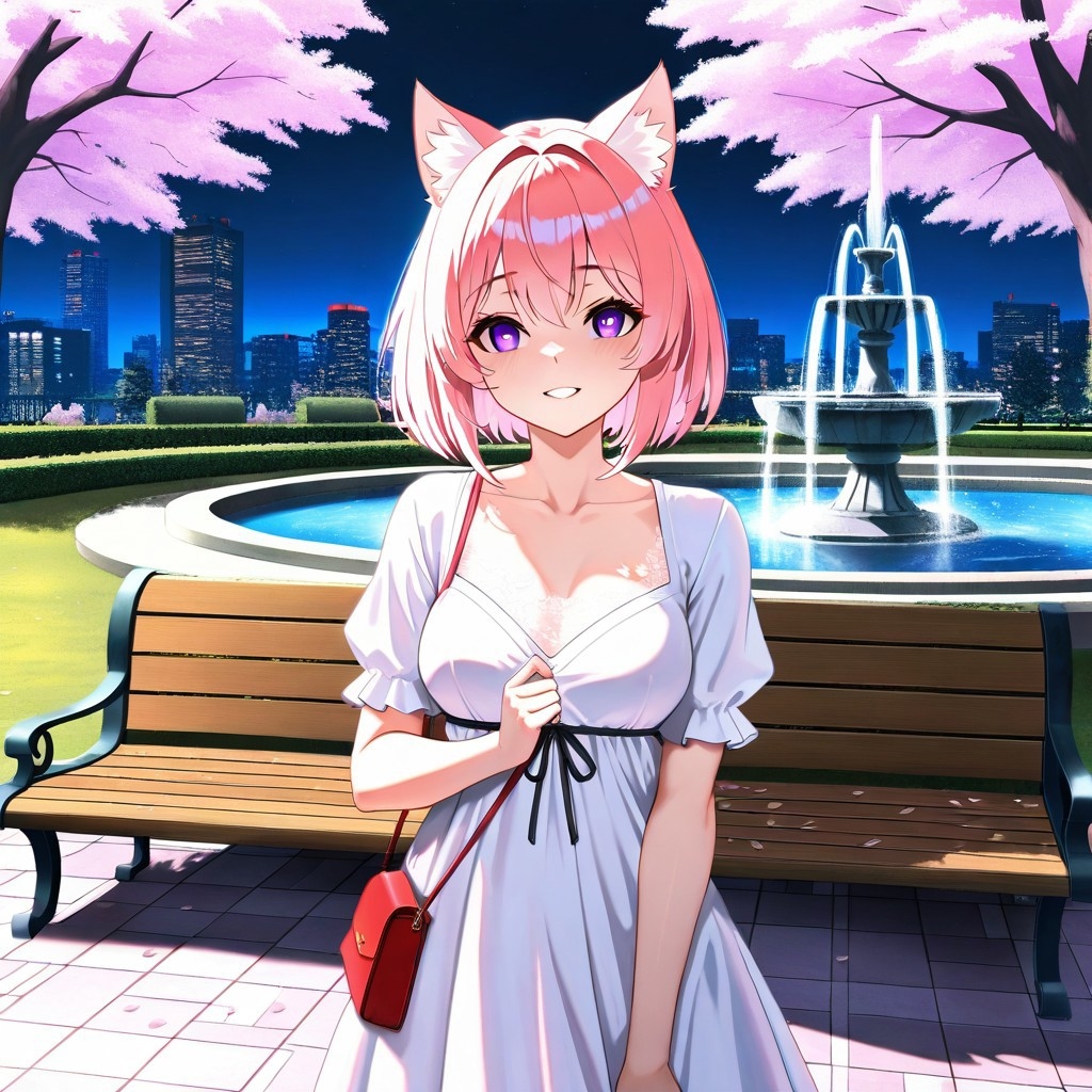(masterpiece, best quality:1.3), pink hair, purple eyes, cat_ears, yandere, gentle smile, medium breasts, loving_gaze, looking_at_viewer, BehindCatgirl, CatGirlStyle, dress, city, outside, park, fountain, bench, CivChan, sakura, cherry blossoms, pinkneoncybercore, purse, cute, night