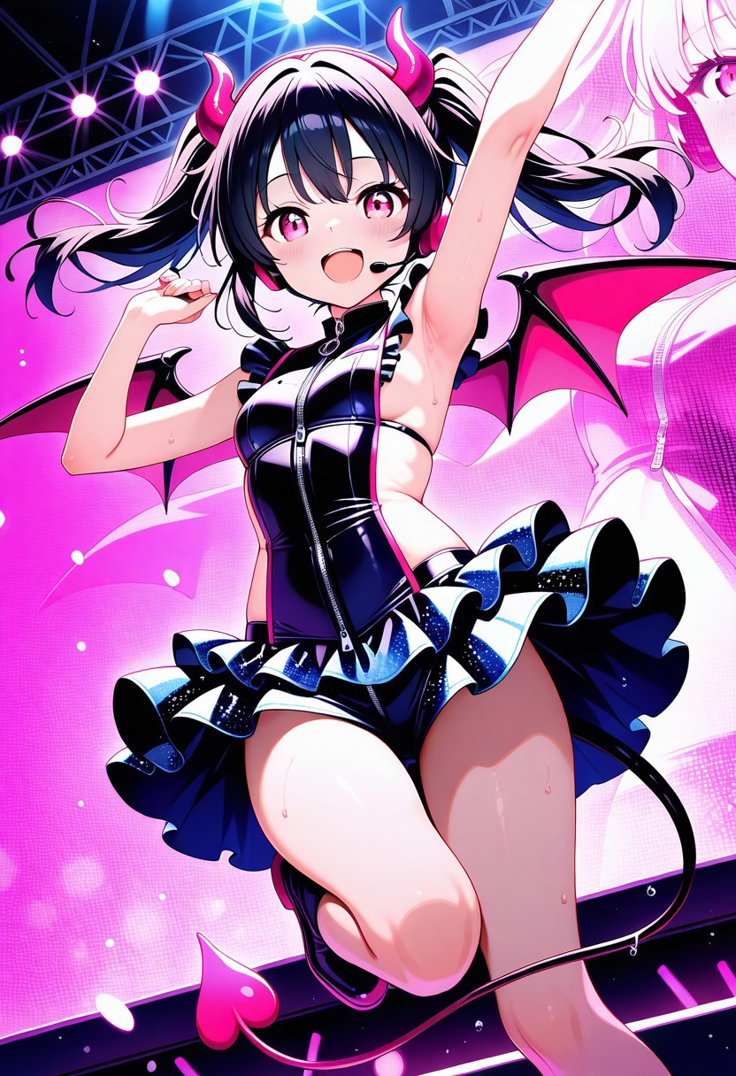 1 demon girl, pink ruby eyes, demon wings, demon horns, (demon tail:0.9), twintails, black hair, (smile:0.9), (open mouth:0.9), cute, (sweat:0.9), (thighs:0.9), sleeveless, full-length zipper, sideless, too many sequins, demon idol, black frills, ribon, headset, singing, jumping, arm up, knee up, on stage, large screen background, (spotlight:0.9), light particles, sharp focus, looking at viewer, dutch angle, (intricate:1.1), (orange tone:0.9), (black tone:0.7), (neon pink theme:0.9), anime coloring, high contrast, masterpiece, best quality, very aesthetic, absurdres, detailed background, newest, ai-generated, intricate details, scenery,
