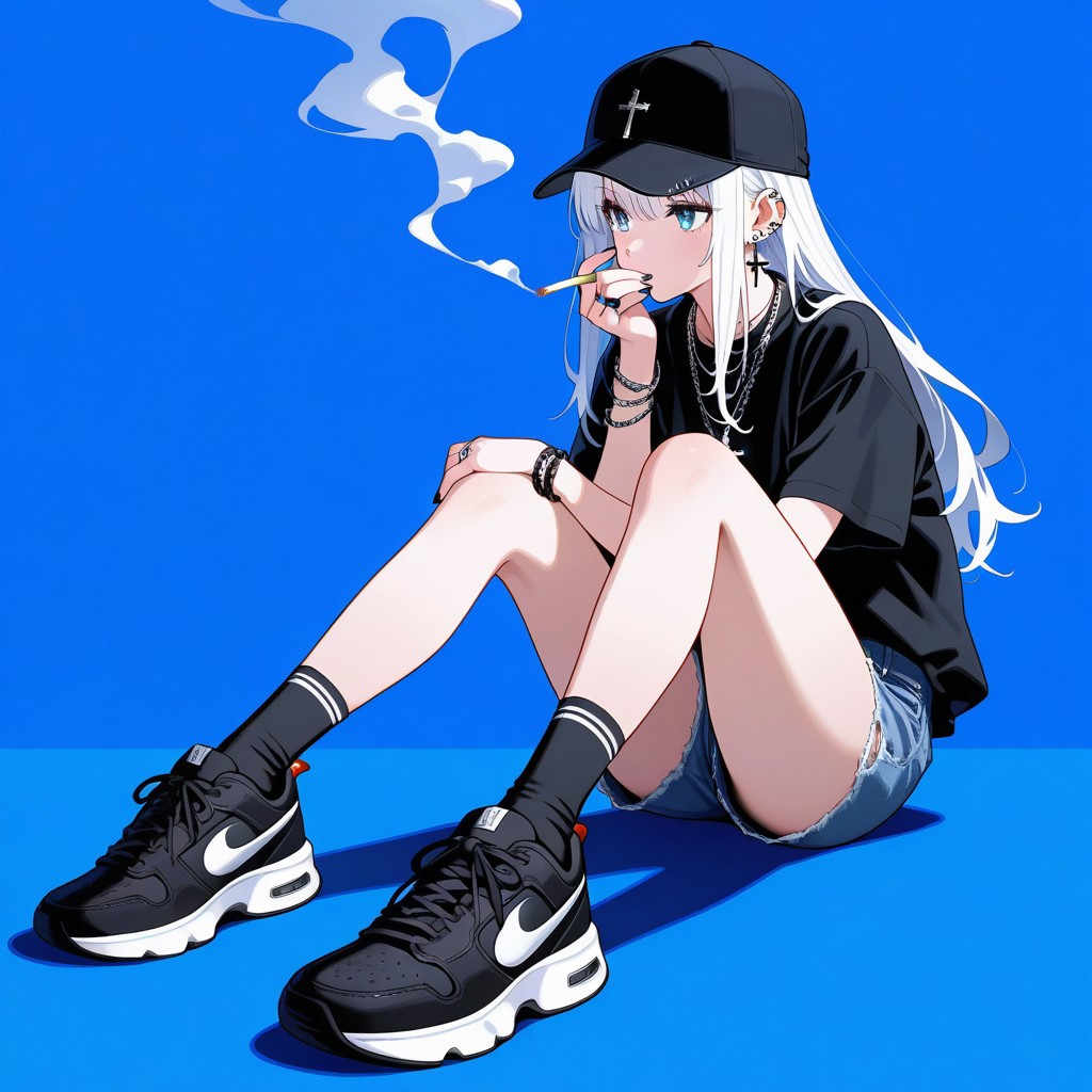 blue theme, 1girl, solo, long hair, shirt, hat, jewelry, sitting, white hair, earrings, shorts, shoes, socks, black footwear, necklace, bracelet, black shirt, black headwear, piercing, ring, black socks, cross, ear piercing, sneakers, baseball cap, cigarette, smoking, cross necklace, chain necklace
,masterpiece,best quality,amazing quality,